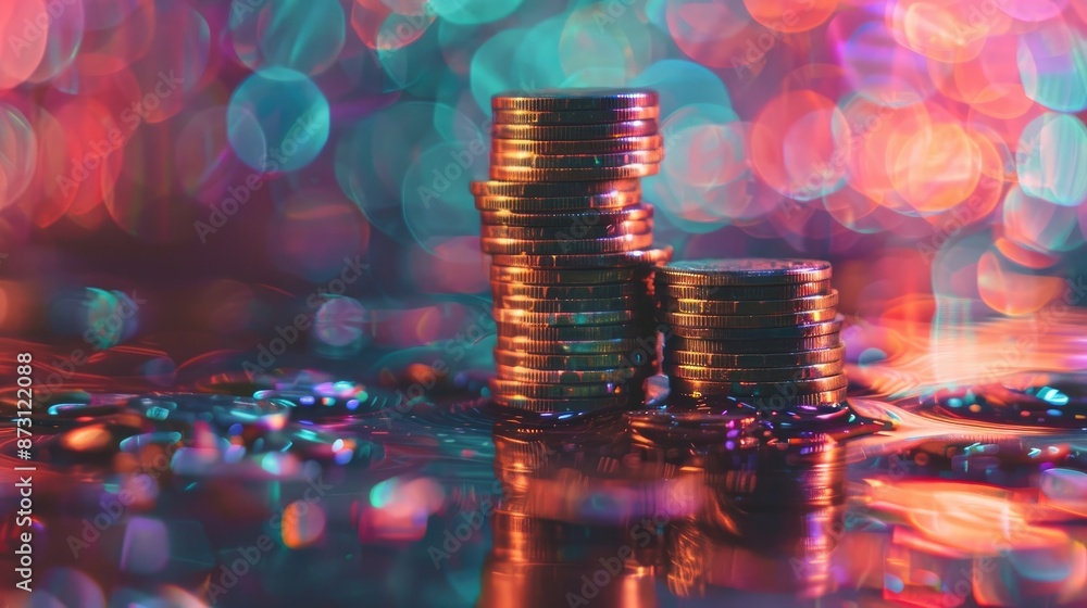 Poster arranging coins in a stack on a gleaming background