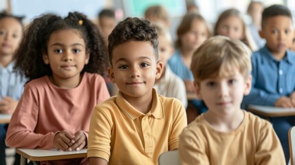 Bright classroom with excited children returning after summer break
