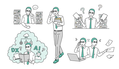 忙しい経理職のビジネスパーソンの様々なビジネスシーンのイラストセット