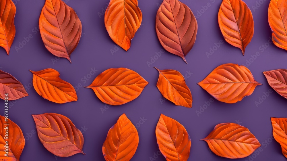 Poster dry orange metallic leaves in a symmetrical pattern on a violet backdrop, with a touch of steampunk 
