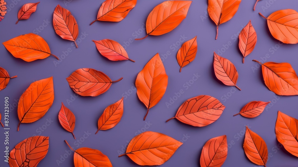 Poster dry orange metallic leaves in a symmetrical pattern on a violet backdrop, with a touch of steampunk 