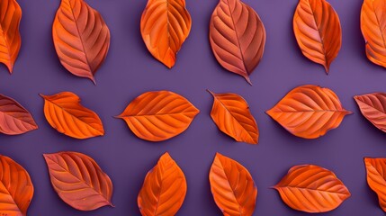Fototapeta premium Dry orange metallic leaves in a symmetrical pattern on a violet backdrop, with a touch of steampunk elements, creating an industrial yet elegant vibe