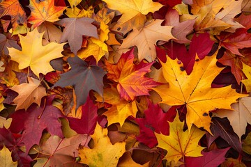 Fototapeta premium Pile of Colorful Autumn Leaves Representing the Season’s Changing Colors and Beauty, Capturing the Vibrant Shades of Orange, Red, and Yellow in a Natural Setting