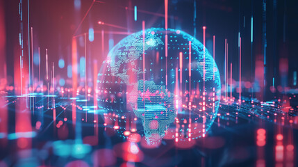 Fototapeta premium A depiction of business and economic growth within a global business network, showcasing data analysis of financial and banking sectors, stock markets, AI technology, data connections, security