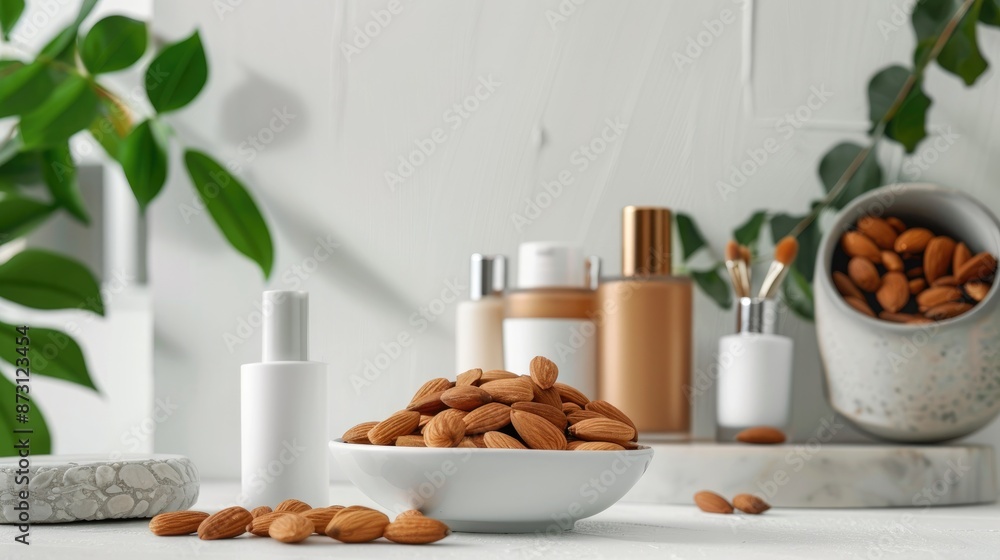 Canvas Prints Cosmetic products with almonds in containers on a white backdrop