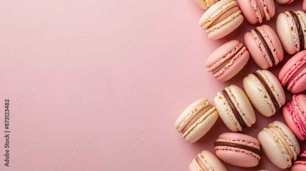Poster macarons displayed on a pink surface in a flat lay style with space for text