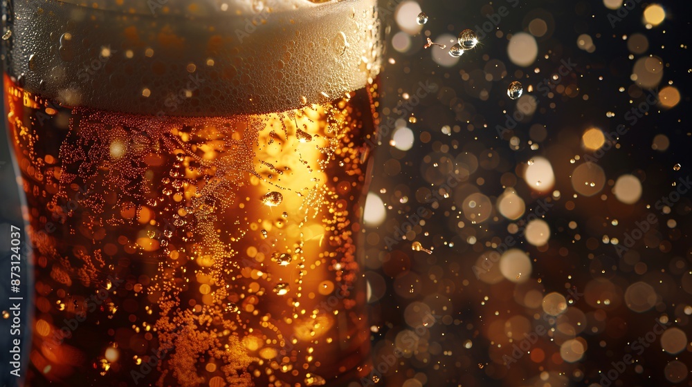 Poster close-up of a refreshing beer with bubbles and bokeh light effects in the background