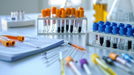 A research scientista??s workspace with laboratory supplies, including pipettes and test tubes, near a scientific journal on a pristine white lab table.