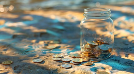 Saved money and holiday jar open in summer with blue shadows