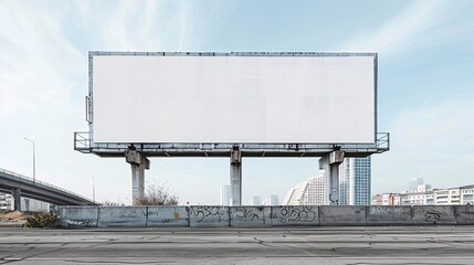 Obraz premium Empty Urban Billboard on Elevated Structure with Cityscape Background and Graffiti in Daylight