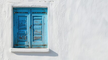 A plain blue shuttered window on a white wall in Naxos Greece