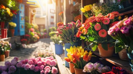 Fototapeta premium Vibrant Flower Market Stall in the Sun