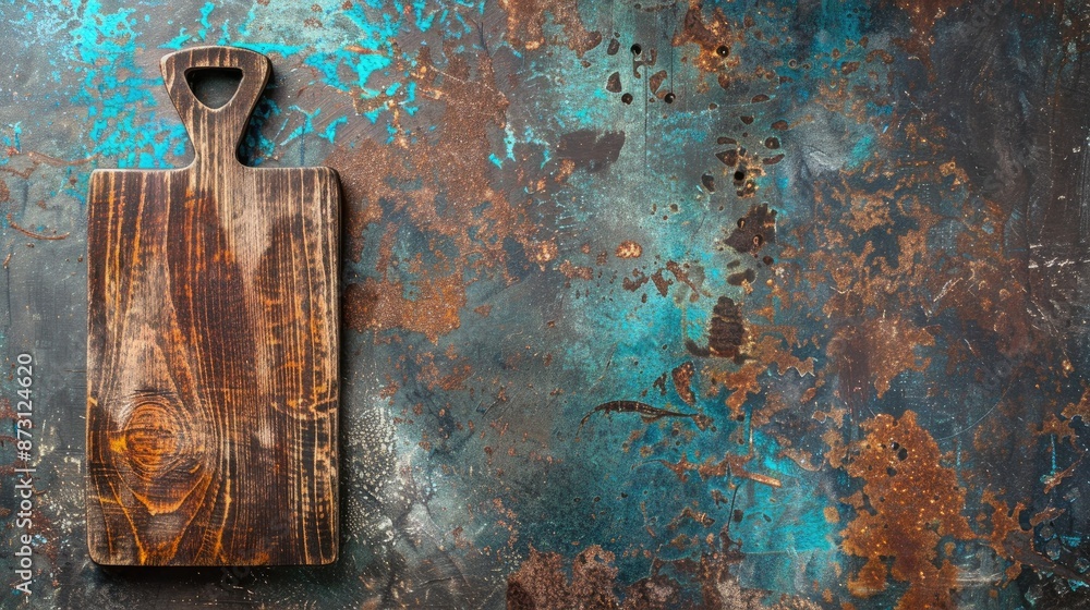 Poster rustic cutting board on rusty metal background empty space for text