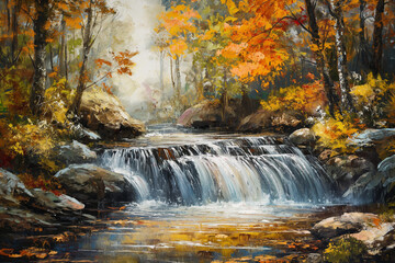 Beautiful stunning deep forest waterfall, oil painting style