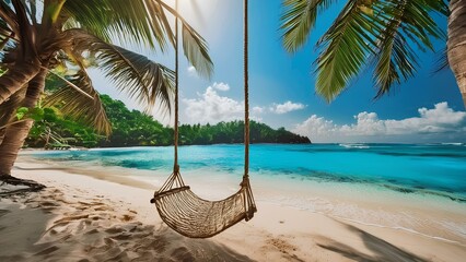 Wicker swings on ropes hang on palm trees. Swing on the sea beach of Blue Loguna. Birch water in the sea, palm trees, an idyll for relaxation.