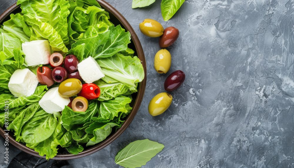 Canvas Prints A bowl of salad with a variety of vegetables including lettuce, olives