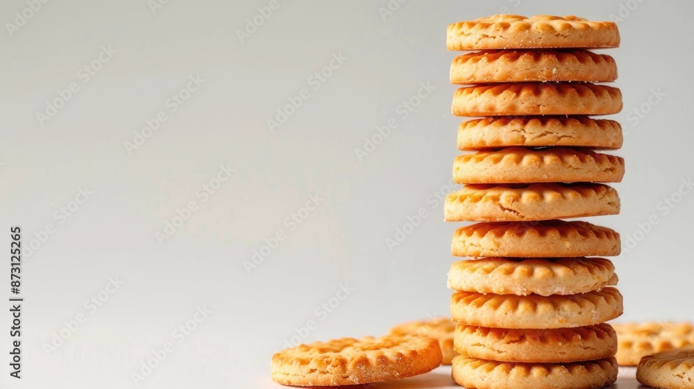 Aufkleber delicious round biscuits stack on white background with space for text