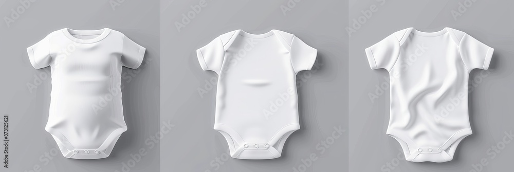 Wall mural Front, back, and side view mockup of a baby body wearing a white bodysuit or romper. On a gray background, a blank children's shirt, onesie, and newborn clothes are isolated.