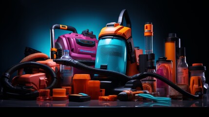 Fototapeta premium Assortment of Cleaning Supplies on a Dark Background