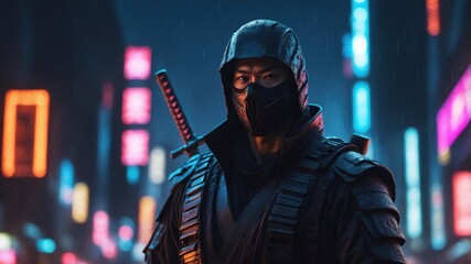 futuristic ninja samurai potrait standing in cyberpunk science fiction city at night, rain falling, neon lights, concept art digital,