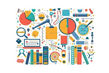 Colorful flat design icons representing data analysis, research, and office work with various tools and symbols.