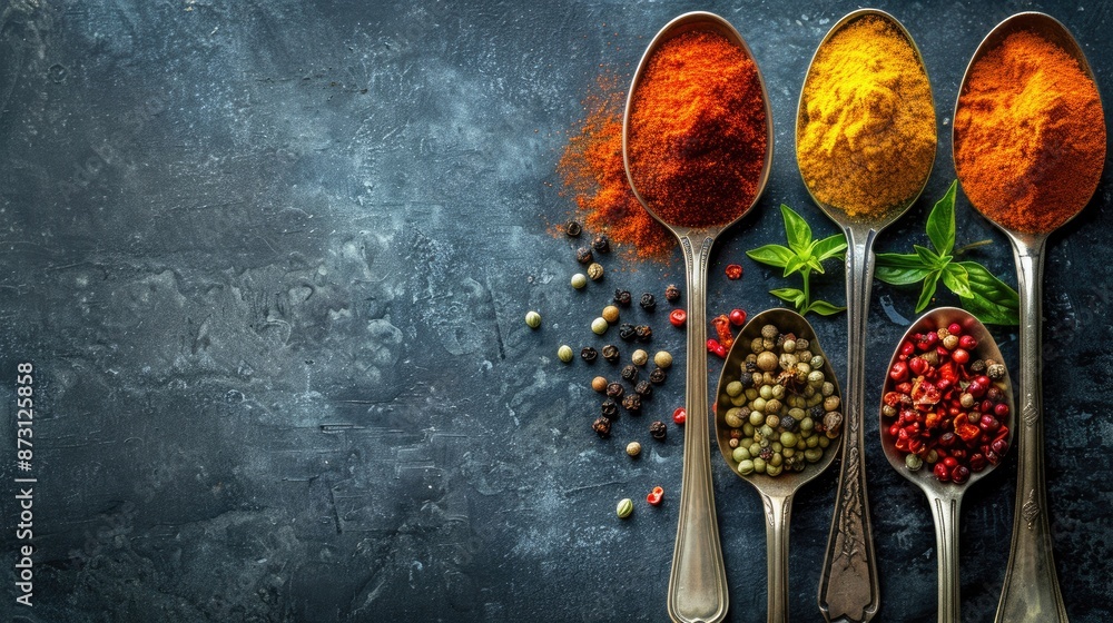 Poster colorful spices in spoons viewed from above with space for text