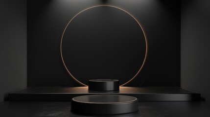 Mockup of black stage with two circular podiums for presenting cosmetic products goods and design in gradient colors and elegant style