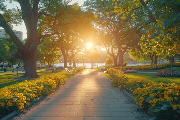 Obraz premium a serene treelined path with sunlight professional photography