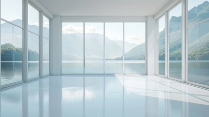 Empty white room with big lake view windows