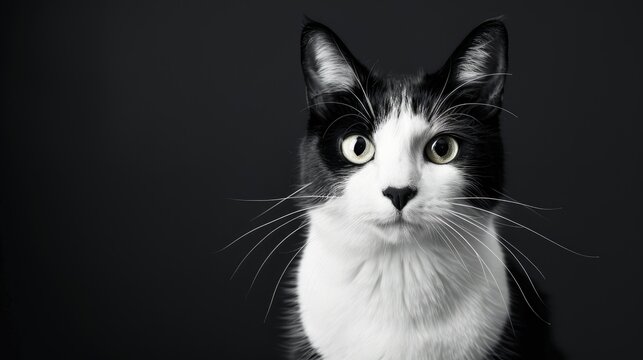 Black and white cat posing in a studio against black backdrop