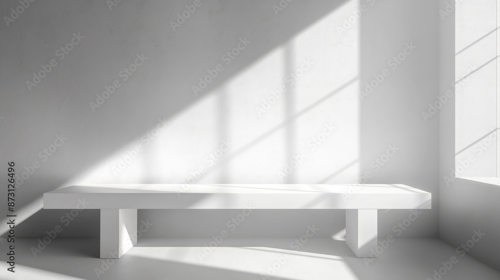 Poster white table in white empty room with a window. The bench is empty in the white clean room. The sunlight is shining through the window, creating a warm and inviting atmosphere. Empty white stone table