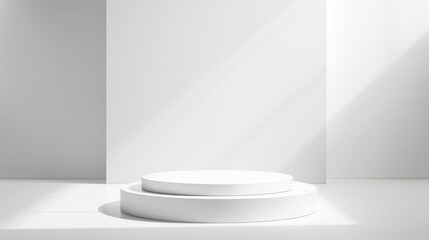 White empty circle podium in white empty studio room with sunlight beams