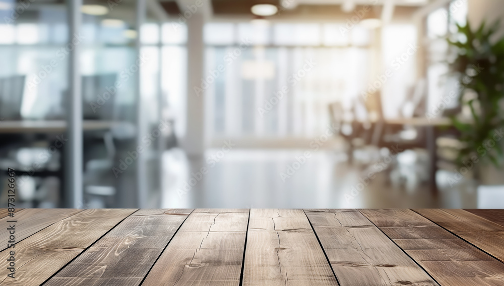 Aufkleber Wooden table top with blurred office background and sunlight, office business mock up background for presentations, product placement and design. Wooden table empty space mock up
