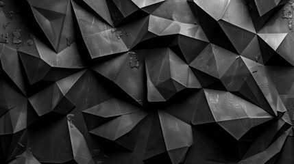 Fototapeta premium Black abstract geometrical forms textured background, dark black geometric pattern with light and shadows. Minimalistic black background pyramids and triangular form