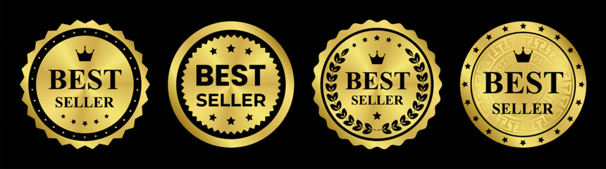 Set of gold stickers, template, label. Round shiny smooth metal emblem Best Seller. Award, medal with crown, laurel branch, wreath. Isolated on black background EPS10 Vector illustration