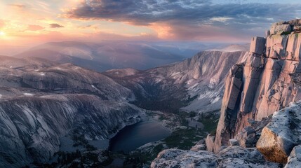 Fototapeta premium A breathtaking view of a mountain range with rugged cliffs and pristine alpine lakes, at sunrise.