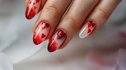 Stylish Valentine s Day nail art on well groomed woman s hand with white paper