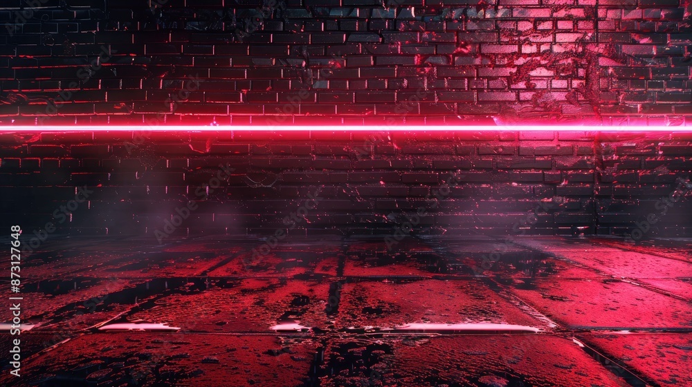 Aufkleber neon light illuminates brick wall in empty scene with reflections on wet asphalt cyberpunk backdrop 