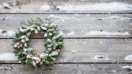 Natural Christmas wreath on rustic snowy wooden wall with space for text