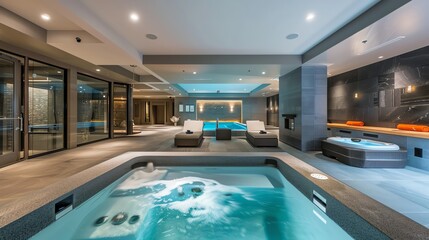 Obraz premium Luxurious modern indoor spa with hot tub, pool, loungers, and a serene atmosphere perfect for relaxation and rejuvenation.