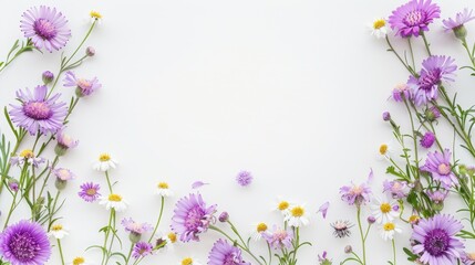 Violet asters and chamomile on white background in floral frame Top view with copy space