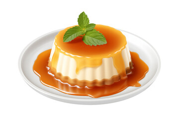 Cream caramel pudding with caramel sauce in plate isolated on transparent background, png