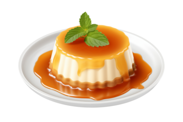 Cream caramel pudding with caramel sauce in plate isolated on transparent background, png