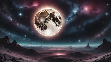 Curtains Representation of the full moon on a background of nebulae and stars. Digital illustration. 3D Rendering