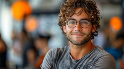Obraz premium Confident Young Man with Curly Hair and Glasses