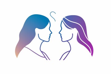 Minimalist illustration of two profiles in blue and purple hues, symbolizing connection and duality with clean, elegant lines in a modern, abstract style.