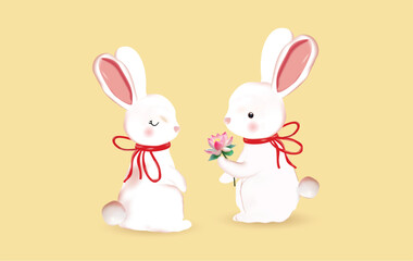 Obraz premium 3D illustration of cute rabbits on a light orange background. One rabbit holds a lotus flower branch and gives it to another rabbit.