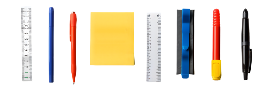 Collection of Stationery Items on Black Background