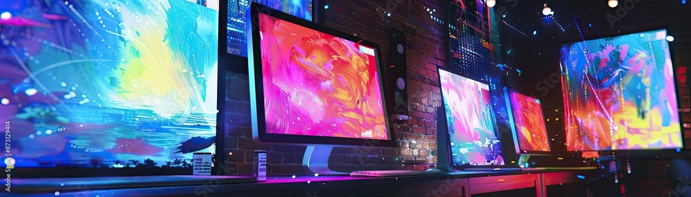 Poster abstract digital art displayed on multiple screens in vibrant colors at a tech exhibition with futur