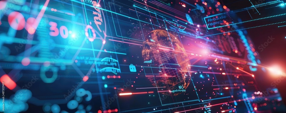 Poster futuristic digital network with holographic globe and data visualization elements, showcasing advanc